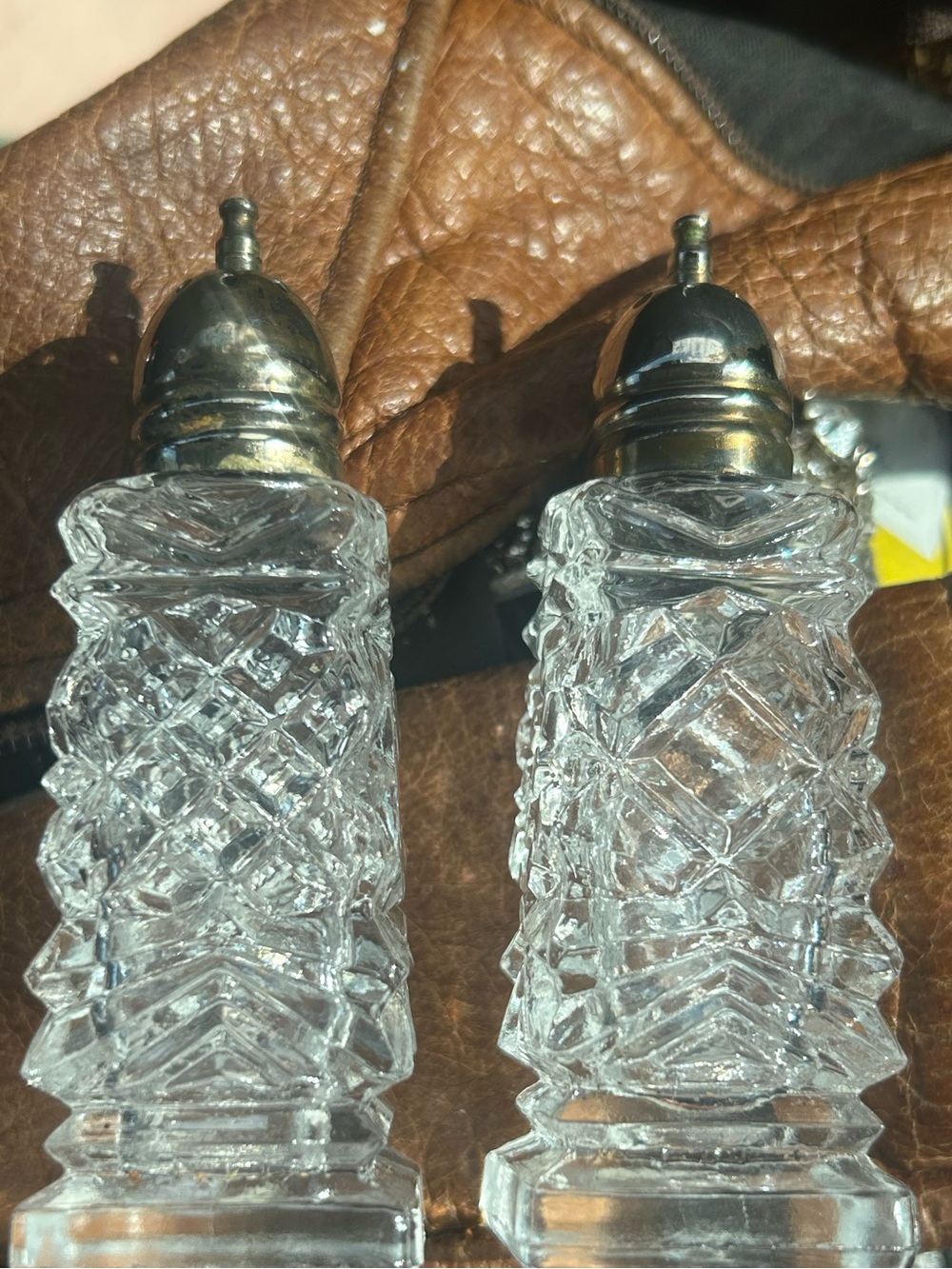 Clear Cut-Glass Salt and Pepper Shakers with Silver-Tone Tops